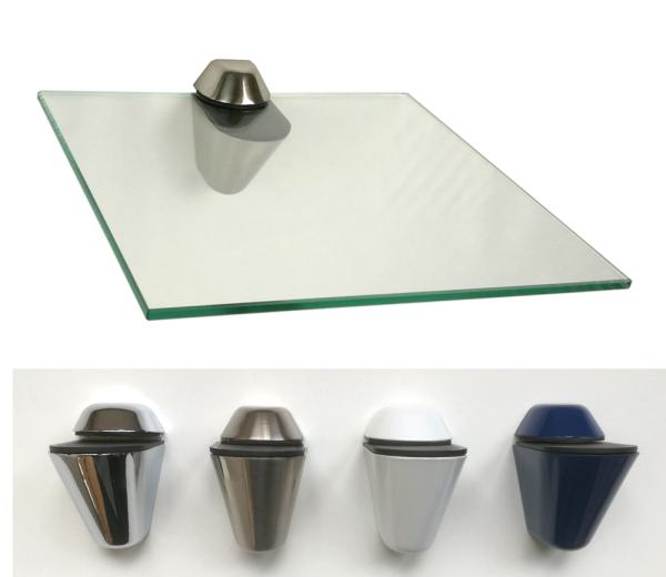 Wandregal QUADRAT  Klarglas in 25x25 cm,gehalten von Clip XL in 4 Farben