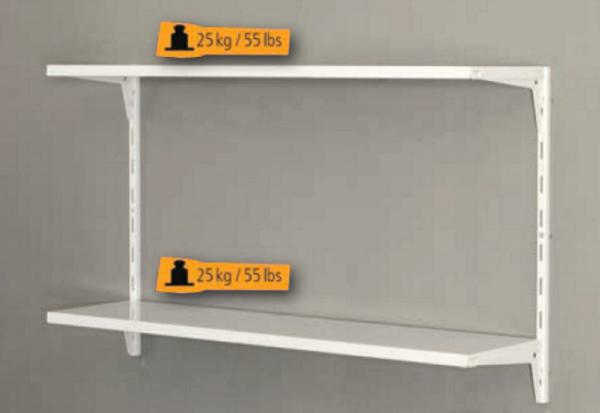 Jeder Stahlfachboden des Wandregal-Set Office1 ist belastbar bis 25 kg