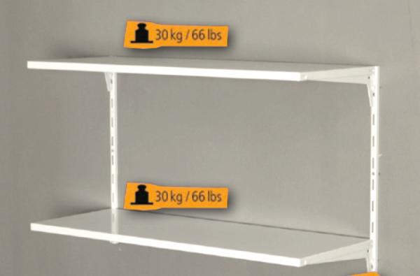 Jeder Stahlfachboden des Wandregal-Set Office2 ist belastbar bis 30 kg